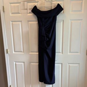 Xscape Off Shoulder Dress in Midnight Blue